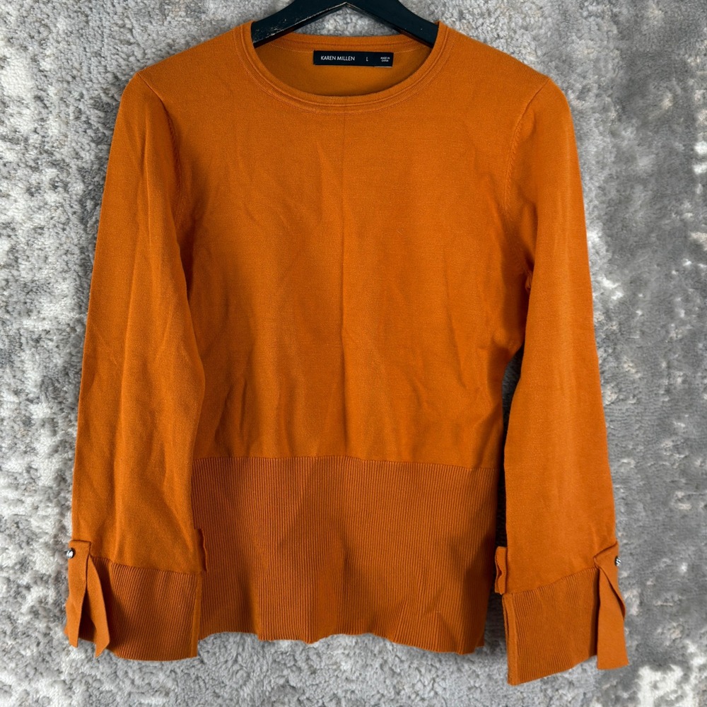 Karen Millen Size L Bow Cuff Ribbed Hem Knit Sweater Orange Long Sleeve Women